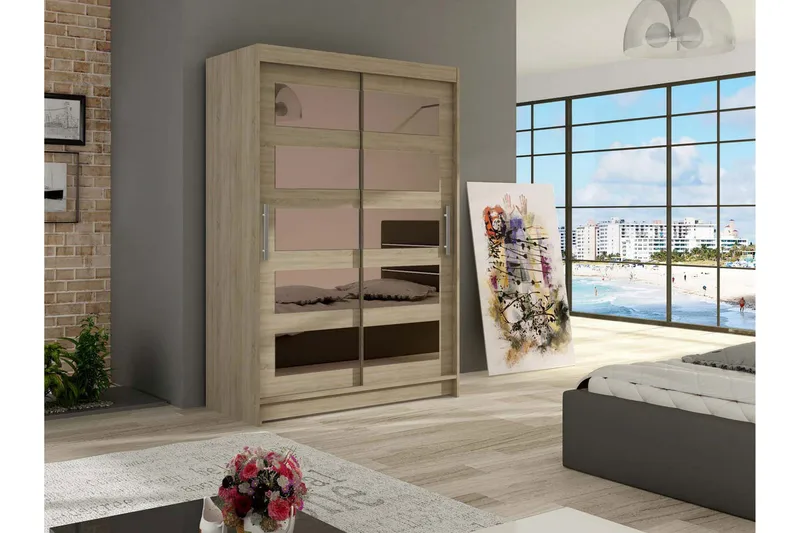 Estella Garderob 120 cm Skjutdörrar Delad Spegel - Ek - Förvaring - Garderober & garderobssystem