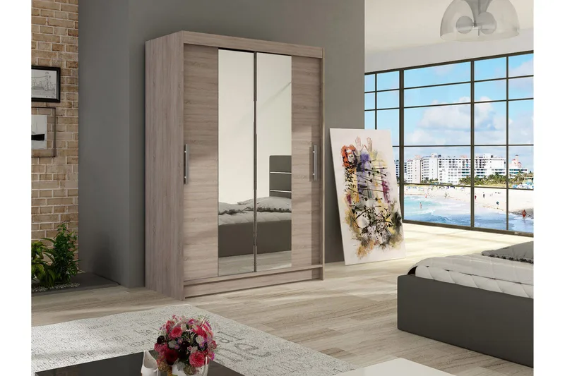 Estella Garderob 120 cm Skjutdörrar Smal Spegel - Ek/Tryffel/Spegel - Förvaring - Garderober & garderobssystem