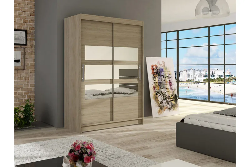 Estella Garderob Skjutdörrar Delad Spegel - Ek - Förvaring - Garderober & garderobssystem