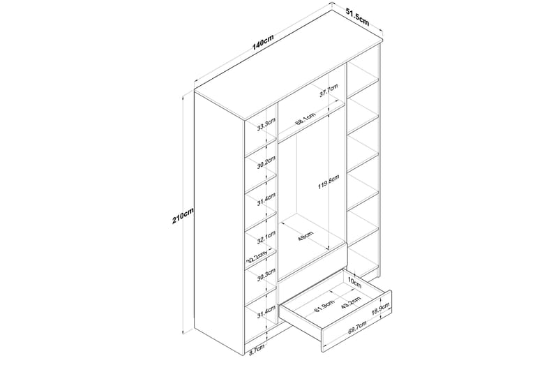 Garderob Jabir 140x210 cm Brun/Vit - Hanah Home - Förvaring - Garderober & garderobssystem