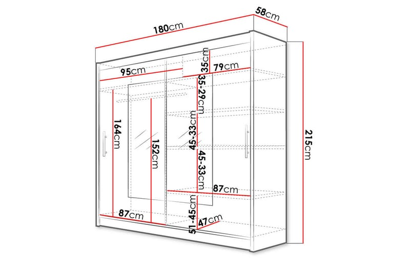 Garderob London 180 cm Skjutdörrar Smal Fyrkantig Spegel - Vit - Förvaring - Garderober & garderobssystem