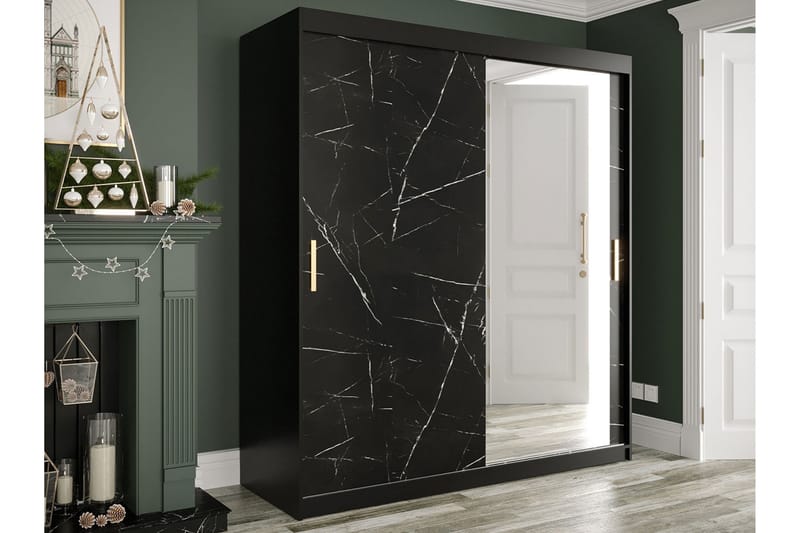 Garderob med Spegel Marmesa 180 cm Marmormönster - Svart - Förvaring - Garderober & garderobssystem