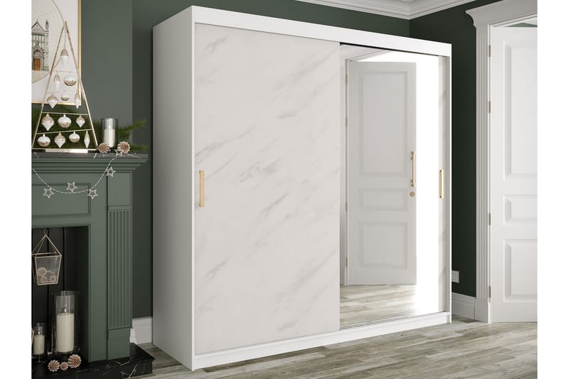 Garderob med Spegel Marmesa 200 cm Marmormönster - Vit/Guld - Förvaring - Garderober & garderobssystem