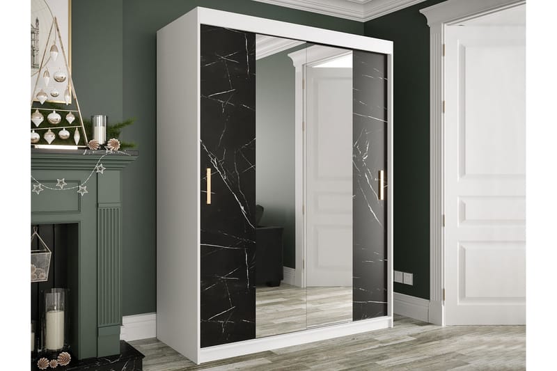 Garderob med Speglar Kant Marmesa 150 cm Marmormönster - Vit/Svart/Guld - Garderober & garderobssystem