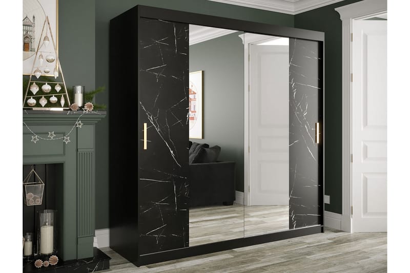Garderob med Speglar Kant Marmesa 200 cm Marmormönster - Svart - Garderober & garderobssystem