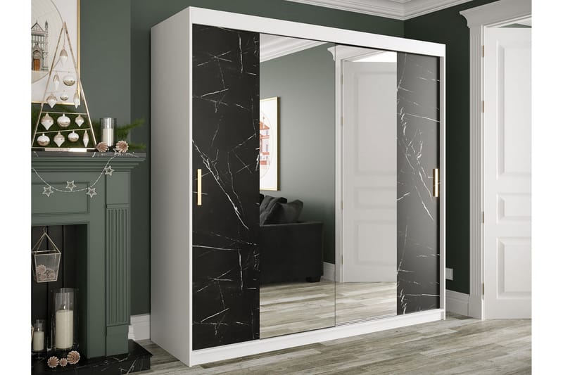 Garderob med Speglar Kant Marmesa 200 cm Marmormönster - Vit/Svart/Guld - Garderober & garderobssystem