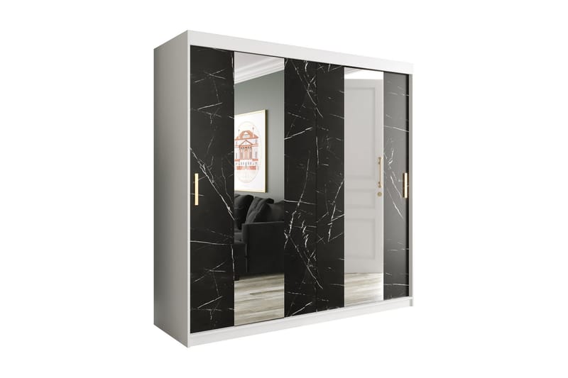 Garderob med Speglar Mitt Marmesa 200 cm Marmormönster - Vit/Svart/Guld - Garderober & garderobssystem
