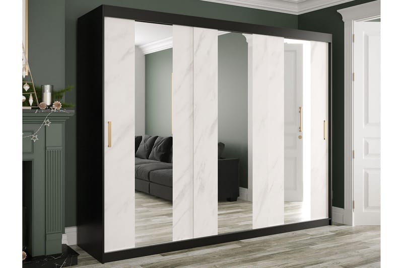 Garderob med Speglar Mitt Marmesa 250 cm Marmormönster - Svart/Vit/Guld - Garderober & garderobssystem
