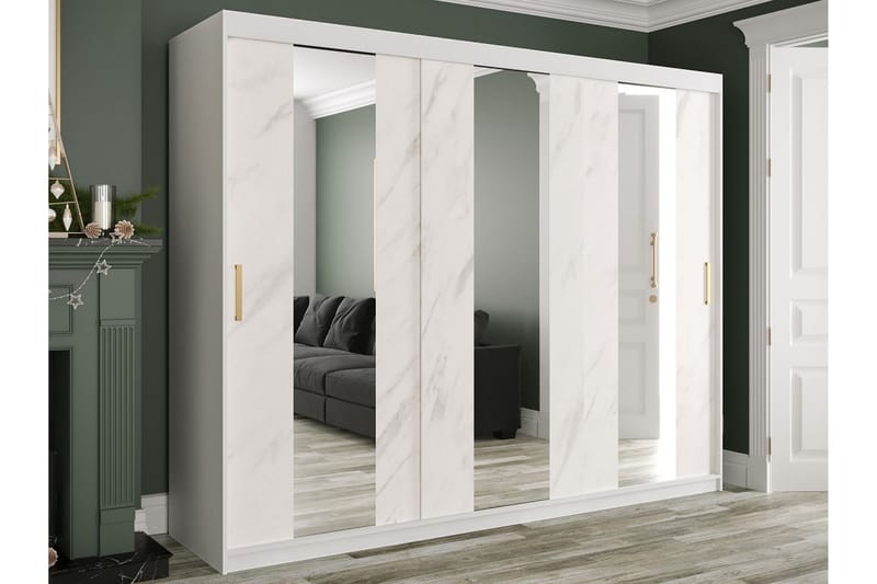 Garderob med Speglar Mitt Marmesa 250 cm Marmormönster - Vit/Guld - Förvaring - Garderober & garderobssystem