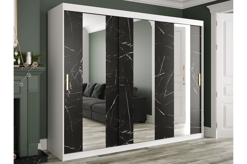 Garderob med Speglar Mitt Marmesa 250 cm Marmormönster - Vit/Svart/Guld - Garderober & garderobssystem