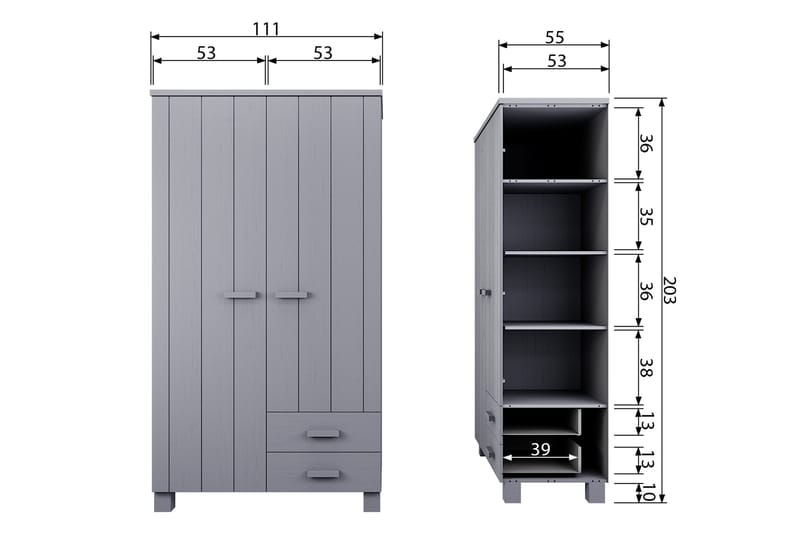 Garderob Mitchell med 2 Lådor 111 cm - Grå Tall - Förvaring - Garderober & garderobssystem