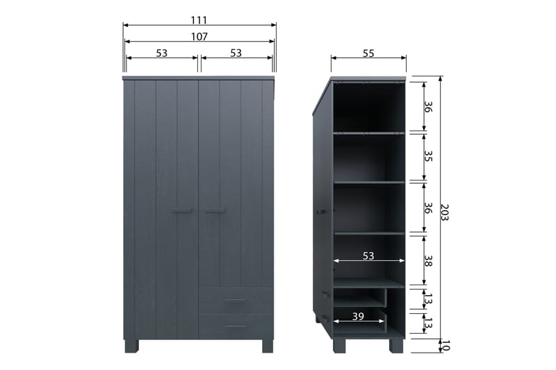 Garderob Mitchell med 2 Lådor 111 cm - Stålgrå Tall - Förvaring - Garderober & garderobssystem