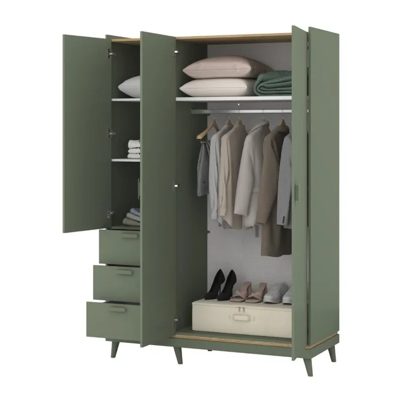 Garderob Scandi 3 dörrar med 3 lådor - Dämpad grön - Oljad ek - Förvaring - Garderober & garderobssystem