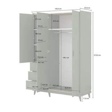 Garderob Scandi 3 dörrar med 3 lådor - Dämpad grön - Oljad ek - Förvaring - Garderober & garderobssystem