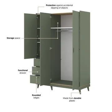 Garderob Scandi 3 dörrar med 3 lådor - Dämpad grön - Oljad ek - Förvaring - Garderober & garderobssystem