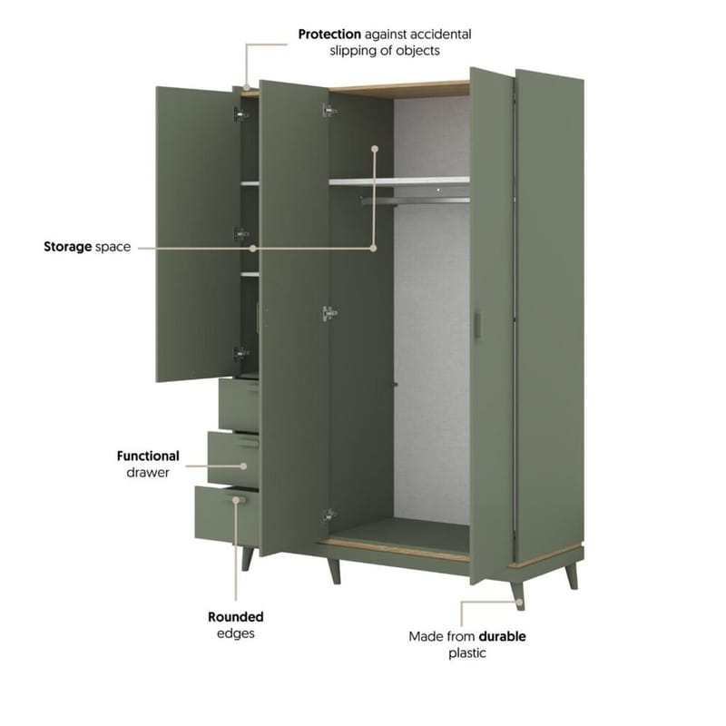 Garderob Scandi 3 dörrar med 3 lådor - Dämpad grön - Oljad ek - Förvaring - Garderober & garderobssystem