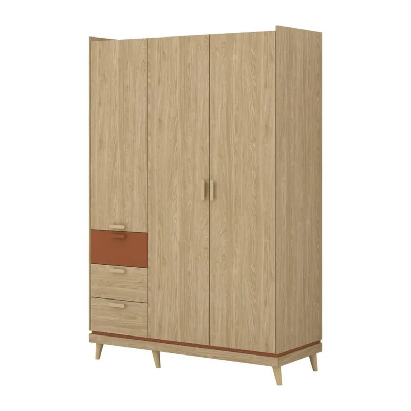 Garderob Scandi 3 dörrar med 3 lådor, Oljerad Ek