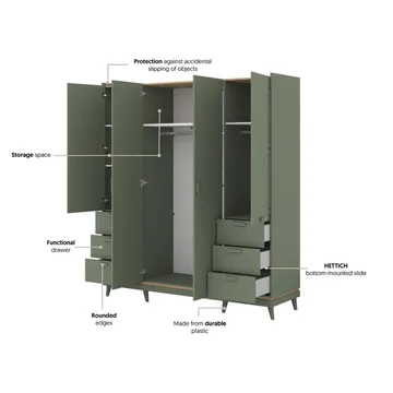 Garderob Skandi 4 Dörrar med 6 Lådor - Dämpad Grön - Oljad Ek - Förvaring - Garderober & garderobssystem