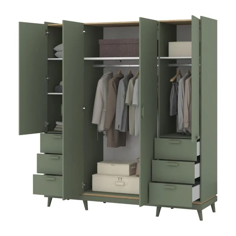 Garderob Skandi 4 Dörrar med 6 Lådor - Dämpad Grön - Oljad Ek - Förvaring - Garderober & garderobssystem
