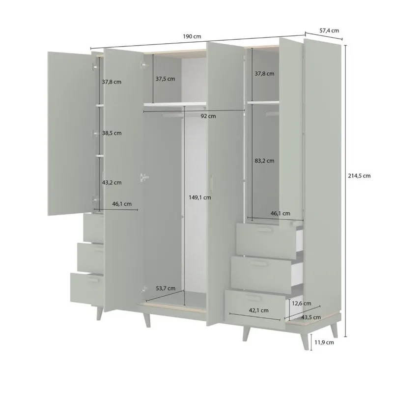 Garderob Skandi 4 Dörrar med 6 Lådor - Dämpad Grön - Oljad Ek - Förvaring - Garderober & garderobssystem