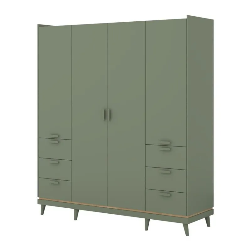 Garderob Skandi 4 Dörrar med 6 Lådor, Dämpad Grön - Oljad Ek