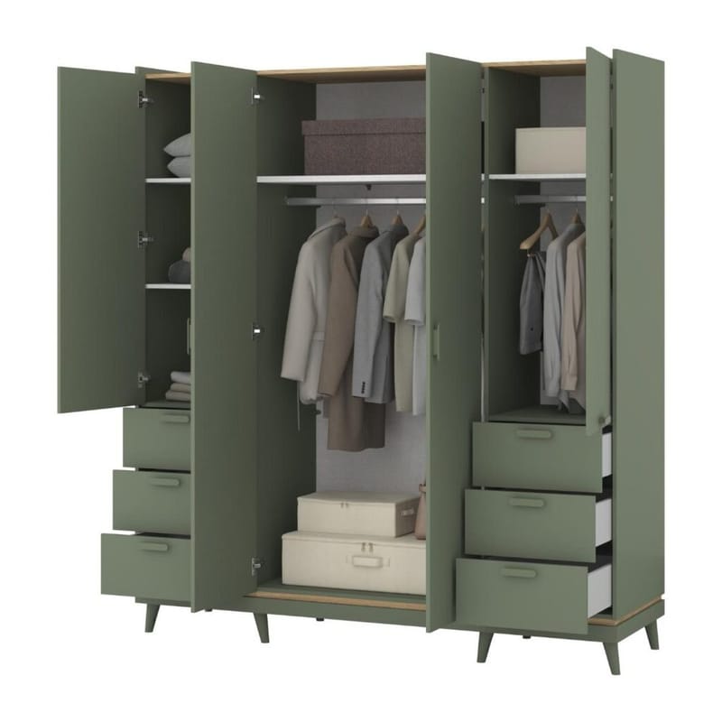 Garderob Skandi 4 Dörrar med 6 Lådor - Dämpad Grön - Oljad Ek - Förvaring - Garderober & garderobssystem