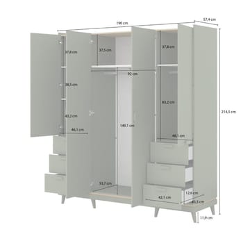 Garderob Skandi 4 Dörrar med 6 Lådor - Dämpad Grön - Oljad Ek - Förvaring - Garderober & garderobssystem