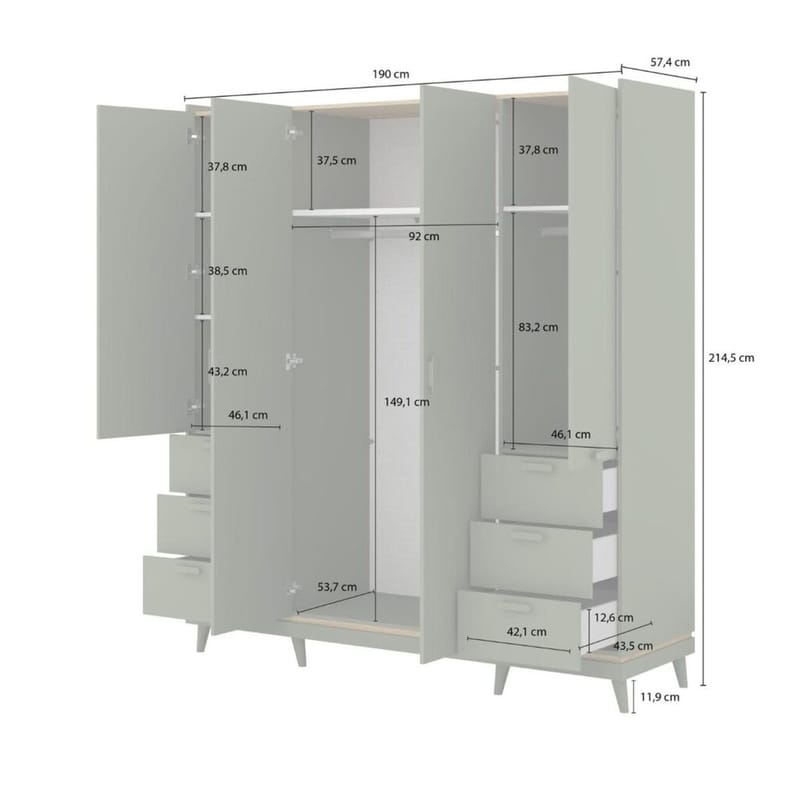 Garderob Skandi 4 Dörrar med 6 Lådor - Dämpad Grön - Oljad Ek - Förvaring - Garderober & garderobssystem