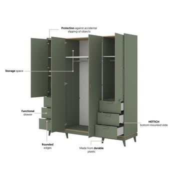 Garderob Skandi 4 Dörrar med 6 Lådor - Dämpad Grön - Oljad Ek - Förvaring - Garderober & garderobssystem
