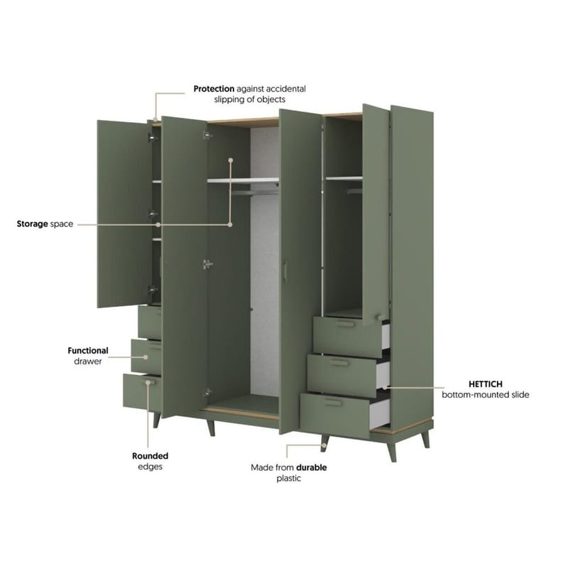 Garderob Skandi 4 Dörrar med 6 Lådor - Dämpad Grön - Oljad Ek - Förvaring - Garderober & garderobssystem
