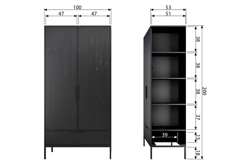 Garderob Wanberg 180 - Svart - Förvaring - Garderober & garderobssystem