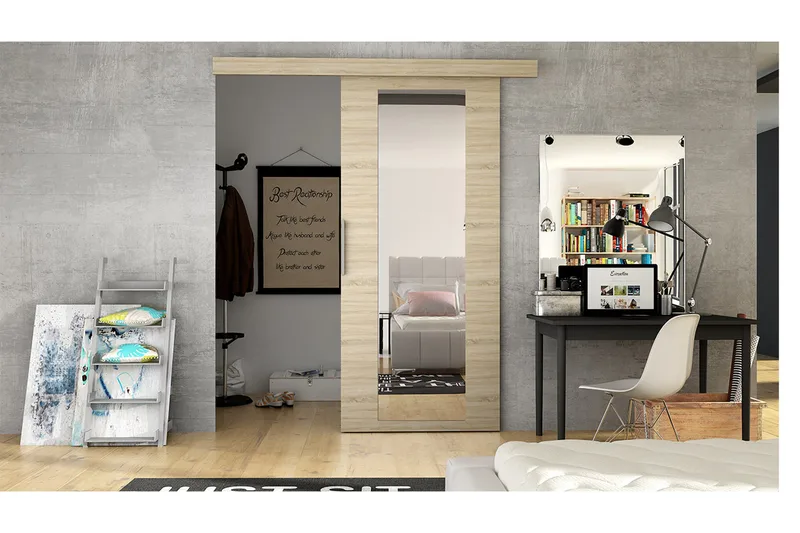 Nemanja Skjutdörr 86x205 cm LED-belysning - Ek - Förvaring - Garderober & garderobssystem - Garderobsdörr - Skjutdörr garderob & walk-in closet