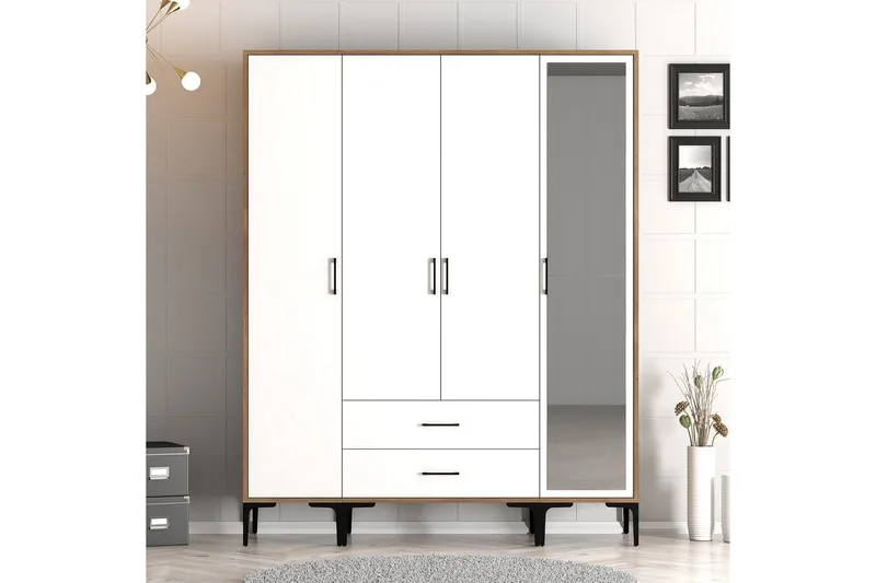 Kumsal Garderob med Spegel, Vit/Brun