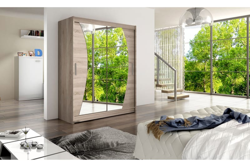 Leila Garderob 150 cm Skjutdörrar Böjd Spegel - Ek/Tryffel/Spegel - Förvaring - Garderober & garderobssystem