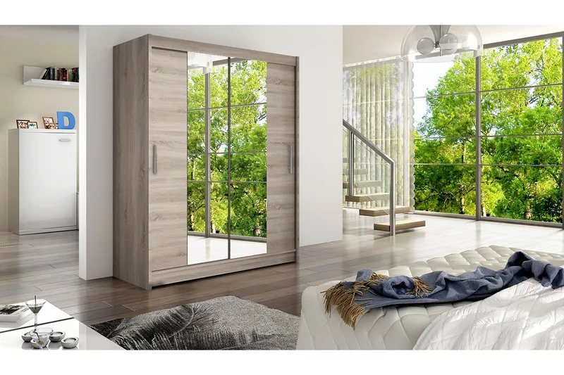 Leila Garderob 150 cm Skjutdörrar Smal Spegel - Ek - Förvaring - Garderober & garderobssystem