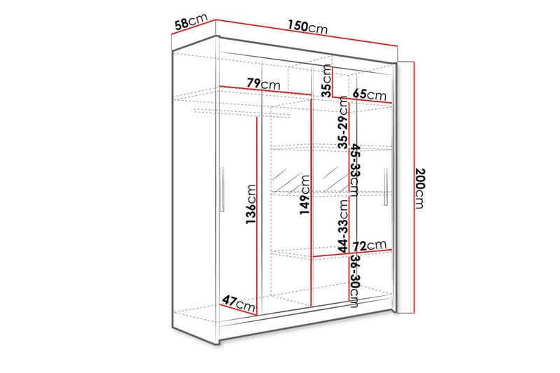 Leila Garderob 150 cm Skjutdörrar Smal Spegel - Ljus Ek - Förvaring - Garderober & garderobssystem