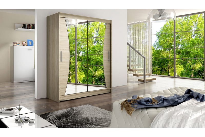 Leila Garderob 150 cm Skjutdörrar Svängd Spegel - Ek/Spegel - Förvaring - Garderober & garderobssystem