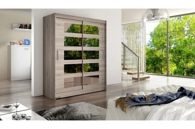 Leila Garderob Skjutdörrar 5-Delad Spegel - Beige/Trä/Natur - Förvaring - Garderober & garderobssystem