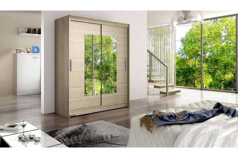 Leila Garderob Skjutdörrar Smal Fyrkantig Spegel - Beige/Trä/Natur - Förvaring - Garderober & garderobssystem