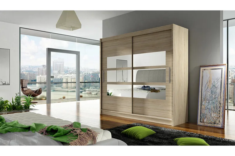 Prag Garderob 180 cm Skjutdörrar Delad Spegel - Beige/Trä/Natur - Förvaring - Garderober & garderobssystem