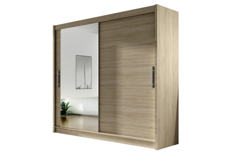 Prag Garderob 180 cm Skjutdörrar Spegel, Beige/Trä/Natur