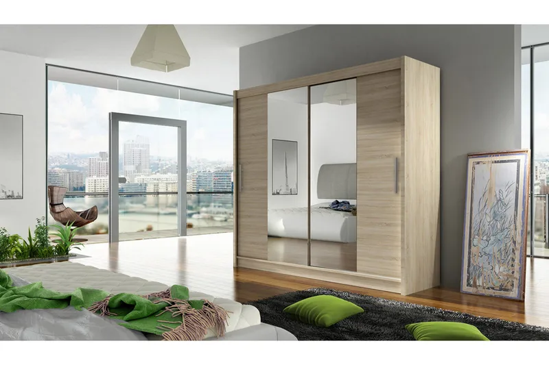 Prag Garderob med Skjutdörrar Smal - Ek / Spegel - Förvaring - Garderober & garderobssystem