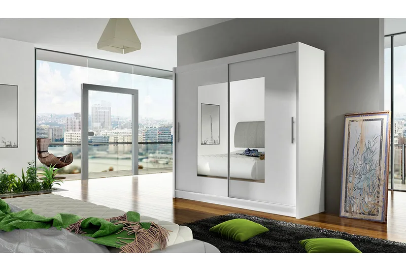 Prag Garderob med Skjutdörrar Smal fyrkantig spegel 180 cm - Vit - Förvaring - Garderober & garderobssystem