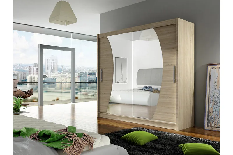 Prag Garderob Skjutdörrar Böjd Spegel - Beige/Trä/Natur - Förvaring - Garderober & garderobssystem