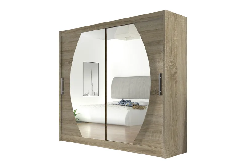 Prag Garderob Skjutdörrar Rund Spegel, Beige/Trä/Natur
