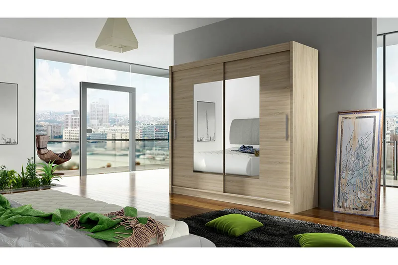 Prag Garderob Skjutdörrar Smal Fyrkantig Spegel - Beige/Trä/Natur - Förvaring - Garderober & garderobssystem