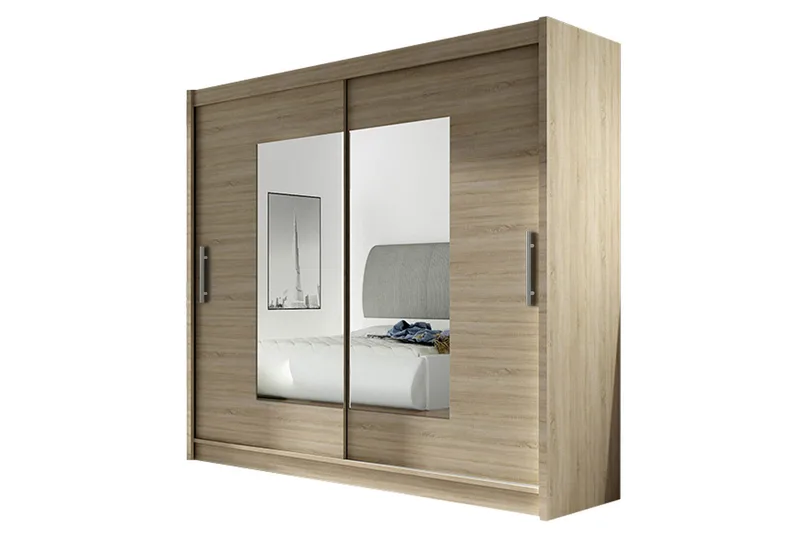 Prag Garderob Skjutdörrar Smal Fyrkantig Spegel - Beige/Trä/Natur - Förvaring - Garderober & garderobssystem