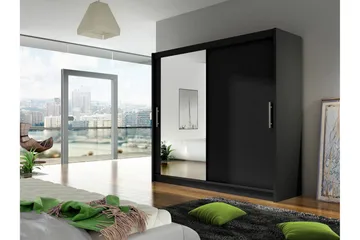 Prag Stor Garderob med Skjutdörrar + Spegel - Svart / Silver - Förvaring - Garderober & garderobssystem