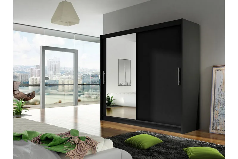 Prag Stor Garderob med Skjutdörrar + Spegel - Svart / Silver - Förvaring - Garderober & garderobssystem