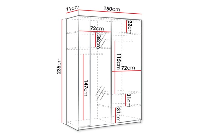 Haruna Garderob med Spegel 150x235 cm - Vit - Förvaring - Garderober & garderobssystem